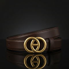 Leather belt with double circle buckle, dark brown strap and gold-toned buckle