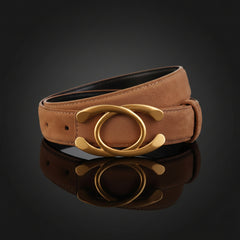 Tan leather statement buckle belt with gold-tone circular ring buckle centerpiece