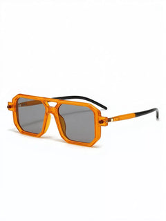 Orange square-frame sunglasses with clear gray lenses and black arms