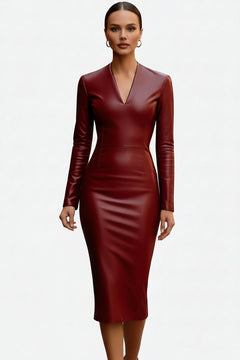 Burgundy leather V-neck midi dress with long sleeves and fitted pencil skirt