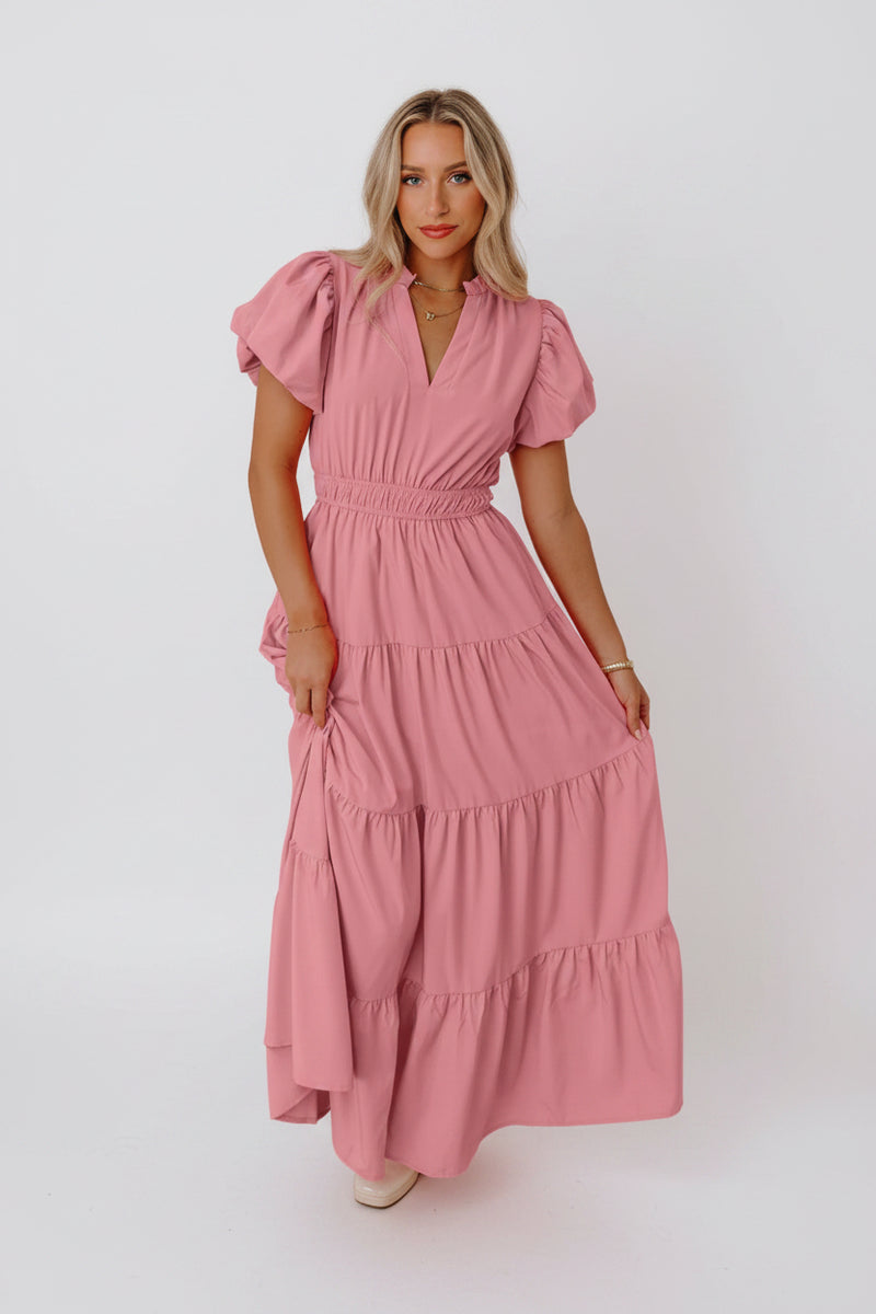 Dusty pink tiered maxi dress with puff sleeves, V-neck and gathered waist