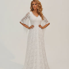 White lace V-neck floor-length dress with short flutter sleeves