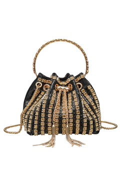 Black and gold rhinestone bucket crossbody bag with top handle and tassel drawstring.