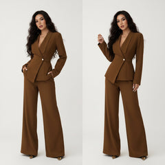 Brown one-button blazer and pants set with notched lapel, button closure, and wide-leg trousers.