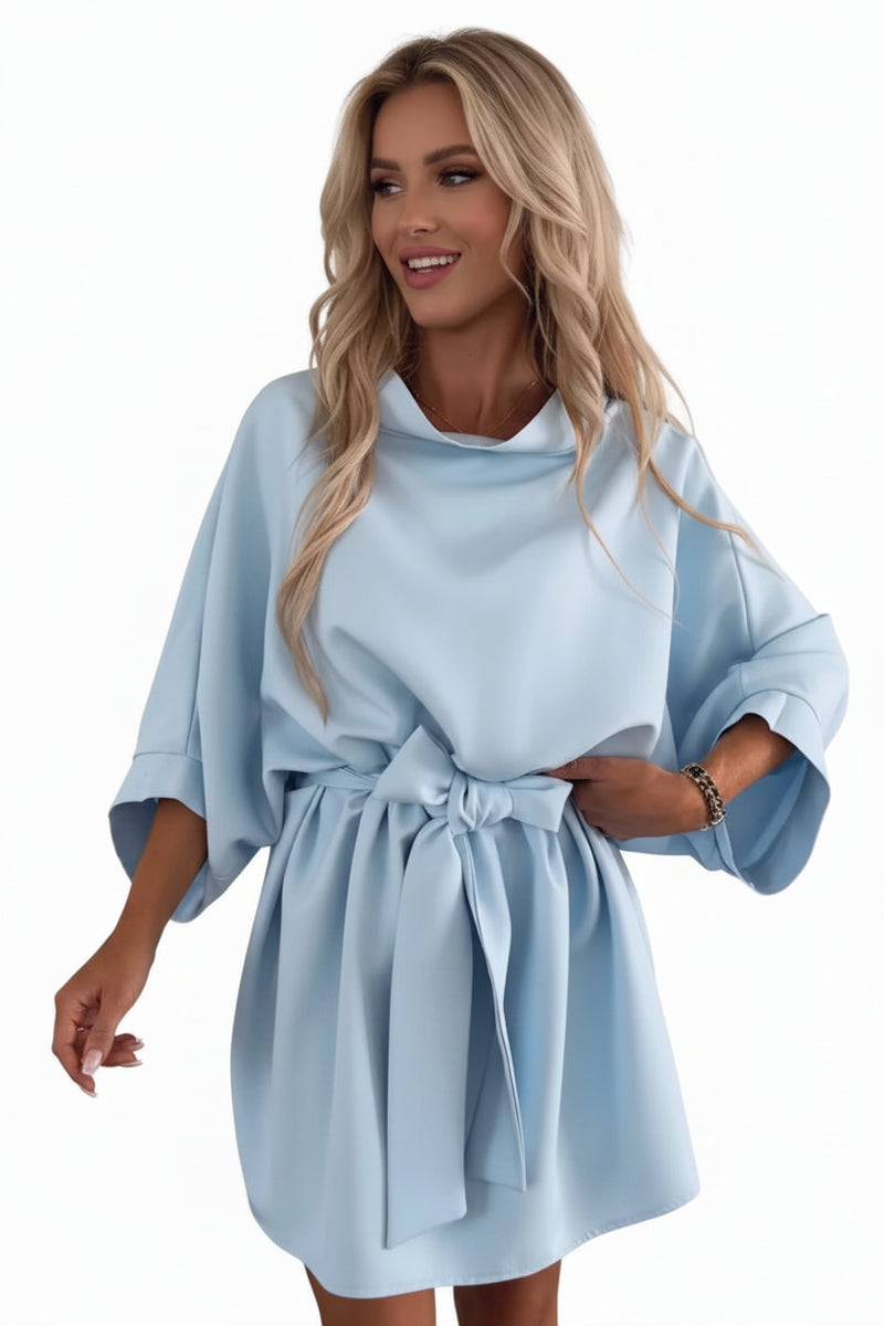 Light blue batwing tie-waist mini dress with gathered waist bow