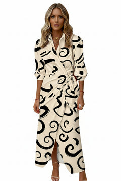 Cream printed collared shirt dress with V-neck placket, waist tie, 3/4 sleeves.