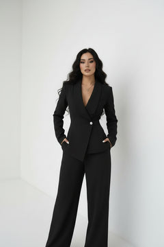 Black one-button blazer and wide-leg pants set, V-neck, peplum jacket