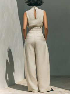 Ivory sleeveless turtleneck top and wide-leg pants set, back neck keyhole