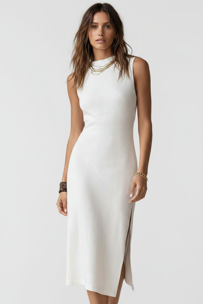 White sleeveless mock neck midi dress with side slit, fitted sheath silhouette