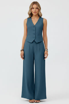 Peacock blue sleeveless V-neck button vest with pockets and wide-leg pants