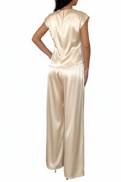 Beige satin twist-front top and wide-leg pants set, back view