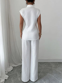 Off-white back of collared cap-sleeve top and wide-leg pants set