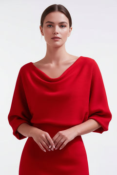 Red cowl-neck bodycon midi dress with draped cowl neckline, half sleeves, fitted look