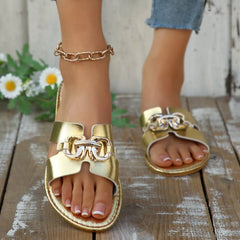 Gold open toe sandals with chunky front buckle decor and gold-toned chain hardware