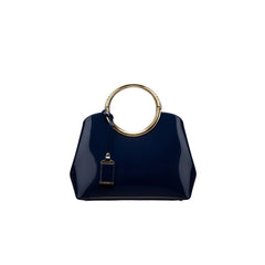 Glossy indigo handbag with round gold ring handle and small lock charm