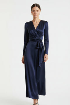 Dark blue satin tie-waist long-sleeve dress with V-neck wrap and sash, midi