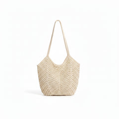 Woven straw hobo bag in rice white, small open tote shape with top woven shoulder handles