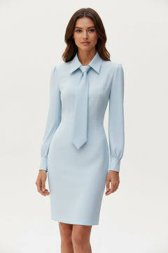 Light blue tie-neck long-sleeve sheath dress with neck tie and puffed sleeve cuffs