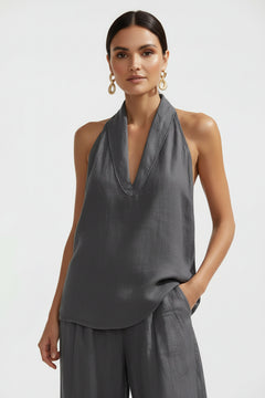Dark gray halter neck top and wide-leg pants set, draped halter V neckline