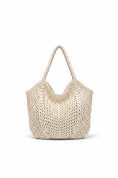 Woven straw hobo bag in rice white, rounded woven body with open center and two handles