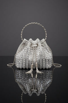 Rhinestone bucket crossbody bag in silver, top handle and chain straps
