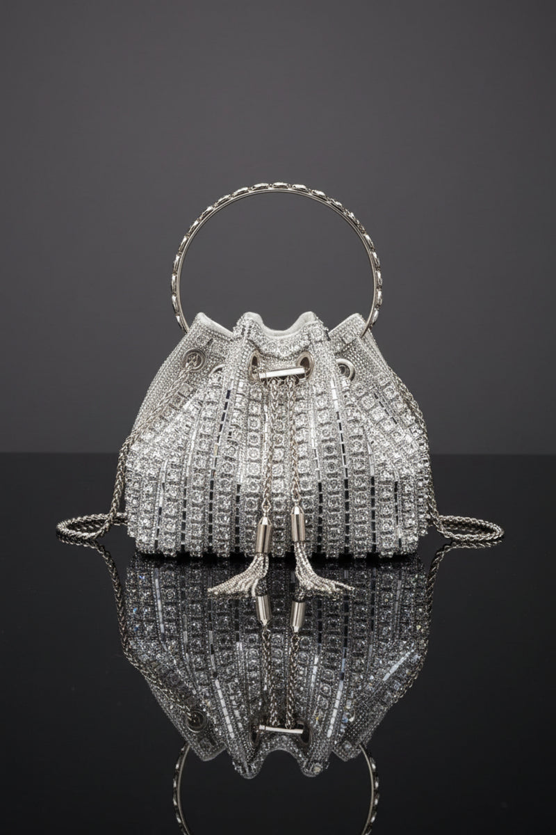 Rhinestone bucket crossbody bag in silver, top handle and chain straps