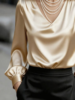 Apricot satin V-neck blouse with long puff sleeves and gathered cuffs