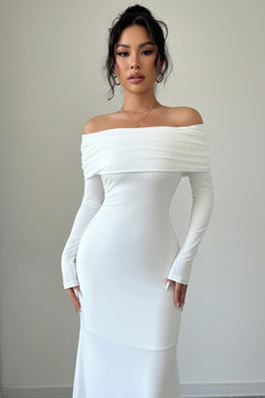 White off-shoulder ruched bodycon maxi dress with long sleeves