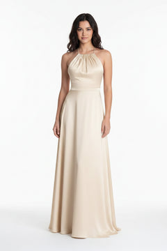Apricot halter neck maxi dress with keyhole neckline and gathered waist