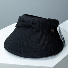 Black straw sun visor hat with matching bowknot band and button