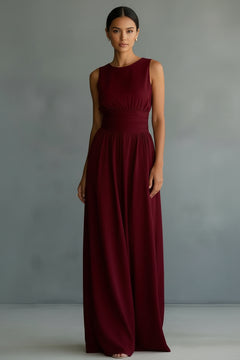 Sleeveless wide-leg jumpsuit in burgundy with gathered waist and full length