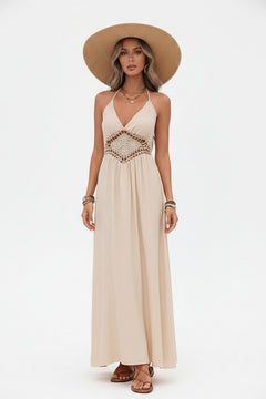 Backless halter maxi dress, light beige, halter straps and scalloped crochet center