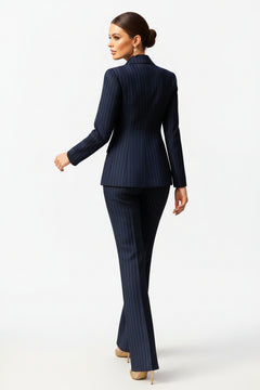 Pinstripe double-breasted blazer and flared wide-leg pants set, navy blue