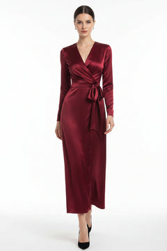 Burgundy satin V-neck long-sleeve dress with ruched tie waist and midi skirt