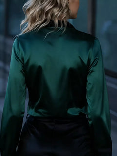 Green satin button-up long sleeve blouse, back view