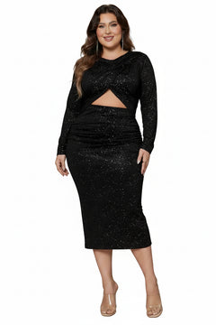 Black glitter plus-size dress with round neck, long sleeves, chest cutout, pencil midi