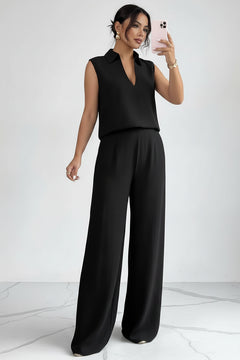 Black sleeveless collared V-neck top and wide-leg pants set, side pose