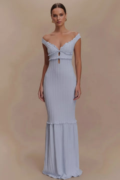 Lavender off-shoulder knit maxi dress with frill trim, bust cutout, and mermaid hem