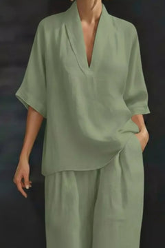 Light green half-sleeve V-neck top and wide-leg pants set with loose, comfortable fit
