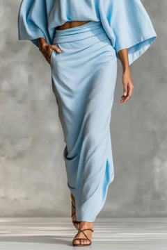 Light blue ruched midi skirt set detail with gathered waist and kimono sleeve