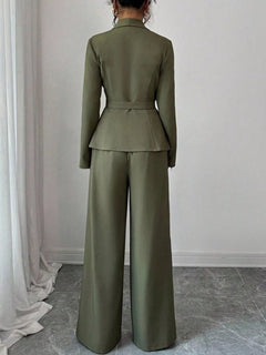 Olive green one-button blazer and pants set, back view with peplum jacket and wide-leg trousers.