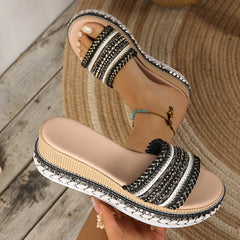 Khaki open-toe platform sandal with braided striped upper and beaded detail