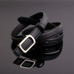 Leather skinny belt with buckle, black leather strap with silver rectangular buckle