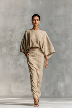 Tan kimono-sleeve top and ruched midi skirt set with relaxed drape