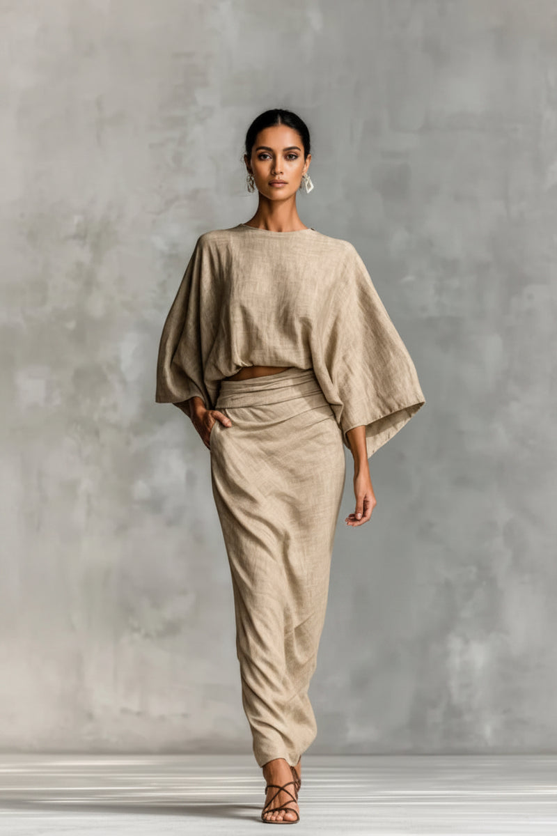 Tan kimono-sleeve top and ruched midi skirt set with relaxed drape