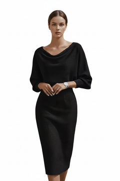 Black cowl-neck knit bodycon midi dress with wide drape neckline