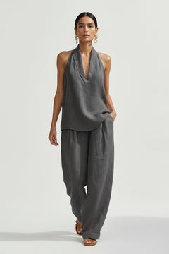 Gray halter neck top and wide-leg pants set, sleeveless V neckline and loose fit