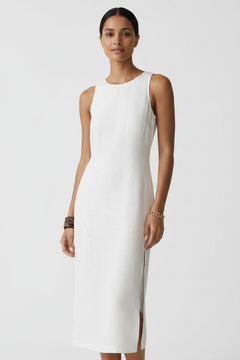 White sleeveless mock neck midi dress with front side slit, straight fitted shape