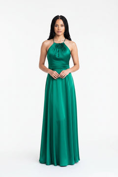 Green halter neck maxi dress with ruched halter neckline and pleated skirt