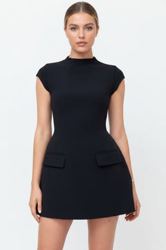 Mock neck A-line mini dress in dark navy/black with short sleeves and front pockets